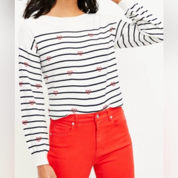 Loft Women's Striped Heart Sweater - White and Black Sz XL - Picture 1 of 12